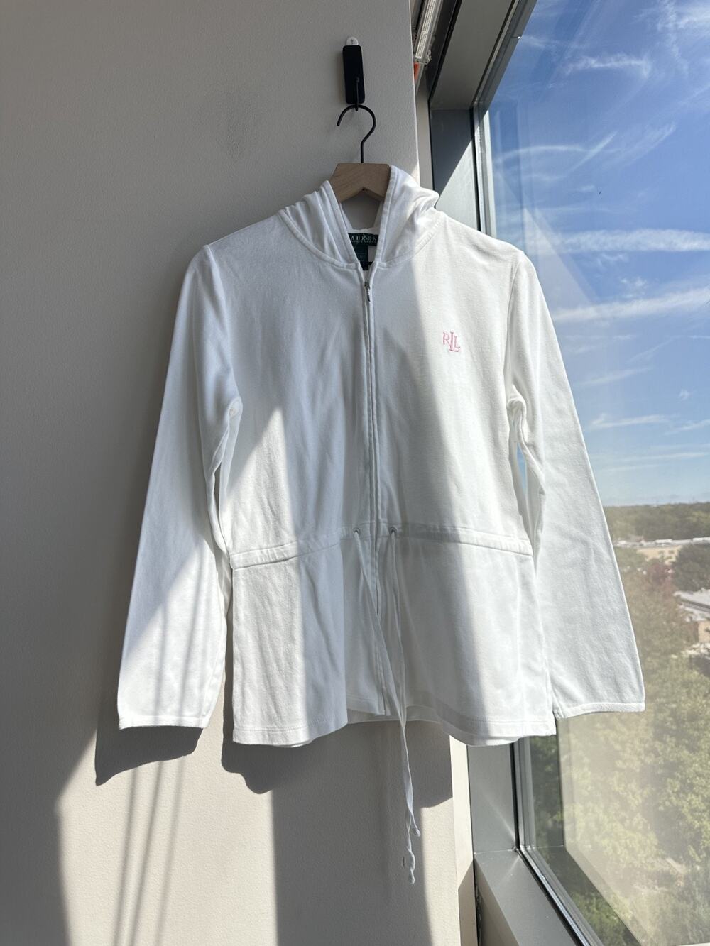 Lauren Ralph Lauren Women's White Full Zip Drawstring Cotton Tennis Hoodie Sz M